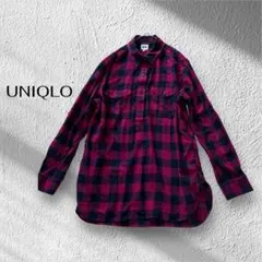 ユニクロ☆チュニックシャツ　チェック柄　長袖　ネイビー×ピンク　2WAY袖