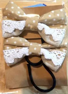 ハンドメイド 水玉リボン レース付きヘアゴム 2個セット no.72