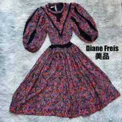 美品】Diane Freis バルーンスリーブ総柄ワンピース レッド系 シルク