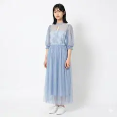 GRL　ワンピース　(L)　レース　青　花柄　総柄　シアー　総裏　ミモレ丈