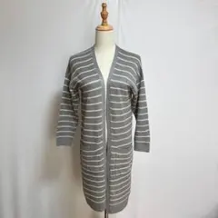 creer ロングニットカーディガンボタンレスグレー×白ボーダーM羽織体型カバー