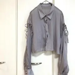 ✅INGNI❤️シアーシャツ✨リボン❤️グレー系✨クロップド丈❤️M✨春夏❤️微光沢‼️