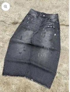 BELVET ダメージ加工 グレー ワイドデニムパンツ