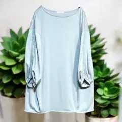 レーススリーブ 長袖トップス ライトグリーンチュニック　L SIZE 美品