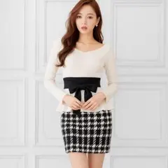 DAZZY ウエストリボン 千鳥柄 長袖 ペプラムタイトミニドレス