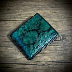 パイソン レザー 折財布 二つ折り 財布 蛇革 ミニ財布 グリーン 緑