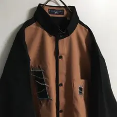 00s 古着 刺繍 楊柳切替 BD風 スタンドカラー ポリシャツ メンズ 黒 茶