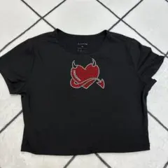 SHEIN デビルハート ラインストーン Tシャツ ブラック XL