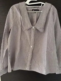 ZARA ギンガムチェック フリル襟 長袖シャツ