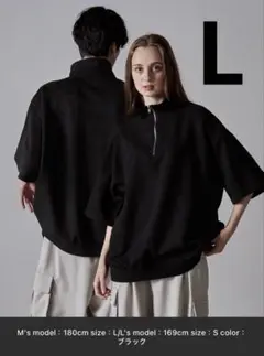 CLEL ハーフジップ デザイン 半袖プルオーバー Tシャツ ブラック L