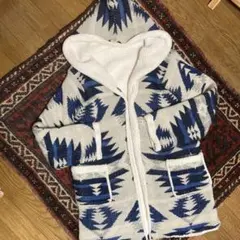 フード付きカーディガン　ニットボア ネイティブ総柄 青 白　リバーシブル　古着