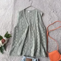 美品(M)鍵編みノースリーブカーディガン/ベスト/ジレ/羽織り/上着/薄手のサムネイル