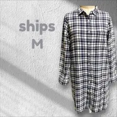 即日発送 シップス ships チェックシャツ ロング丈 M ネイビー 春夏