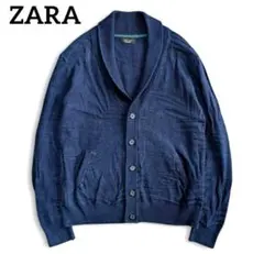 ZARA 洗える　立体ボタニカル ショールカラーニットカーディガン L ネイビー