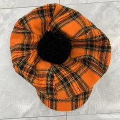 J.CAP & CO. タータンチェック帽子 ポンポン付 オレンジ系 チェック柄