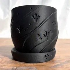 3号 植木鉢 受け皿付き 黒 カエル 足あと 作家鉢 3Dプリンター鉢 観葉植物