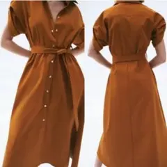 ZARA 半袖シャツワンピース ブラウン ウエストベルト付きのサムネイル