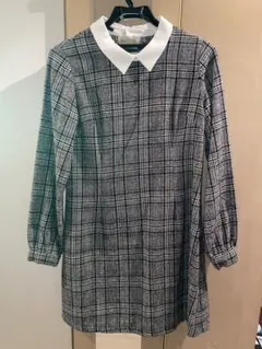 one wayチェック柄長袖ワンピース グレー系