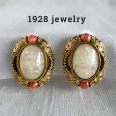 1928 ホワイト カボション ゴールド イヤリング クラシカル E406