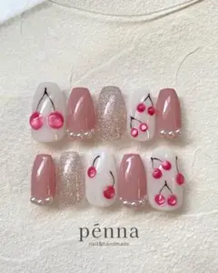 ネイルチップ　さくらんぼネイル　ピンクネイル　　キラキラネイル　ガーリーネイル