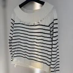 ビジュー付き ニット セーター ボーダー 白 黒 レディース フリーサイズ