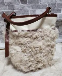 【セール】リアルムートン　バスケット型ハンドバッグ本革&キャンバス