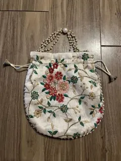 花柄刺繍 巾着バッグ