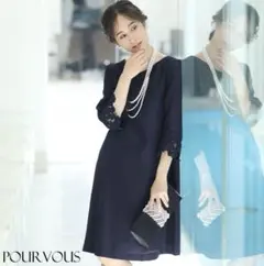 POUR VOUS ネイビー 七分袖 ワンピース