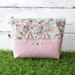 【生え猫ポーチミニ】オリジナルキャラクター　ハンドメイド花柄小物入れ　ダンガリーのサムネイル