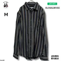 グローバルワークストライプシャツM グレー×ネイビー×イエローメンズネルシャツ