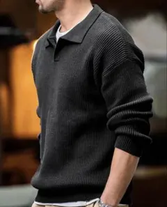 リブ編みポロカラーニットセーター