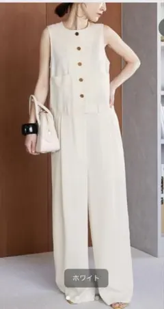マチャットmachattボタン付きリネンオールインワン ベージュ - メルカリ