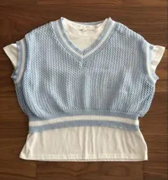 重ね着カットソー あみあみニット 半袖Tシャツ 水色130