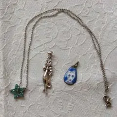 シルバーストーンスターネックレス　ねこペンダントトップ　３点　星　七宝焼