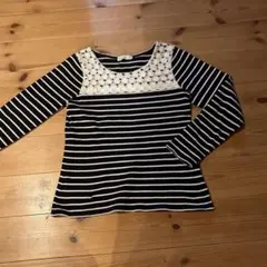 長袖ストライプTシャツ レース装飾付き