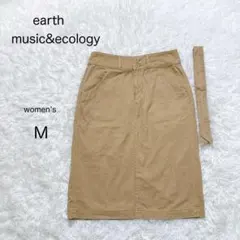 【earth】タイトスカート 綿100ミディ丈【M】後ろスリット ベルト付