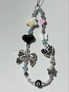 No.31ビーズストラップスマホストラップシルバーホワイトブラックリボンy2k