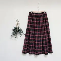 handmade播州織微起毛タータンチェックギャザースカートfreeレッド