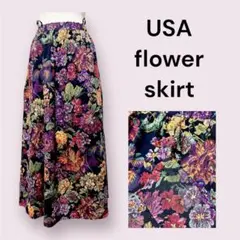 vintageヴィンテージスカート花柄総柄フレアウエストゴムレトロUSA海外古着