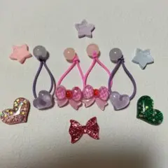 101203 ピンク 紫 リボン ハート キッズ ベビー ヘアゴム ハンドメイド