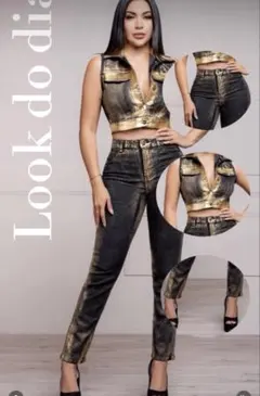 LACOCO ブラック ゴールド デニムベスト(32)