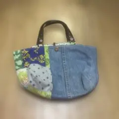 パッチワーク デニム トートバッグ 花柄ハンドル