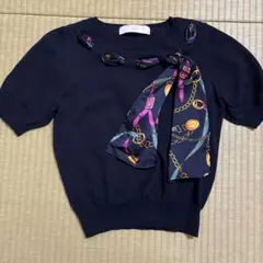 美品 tocco closet スカーフ付き 半袖ニット ネイビー Mのサムネイル