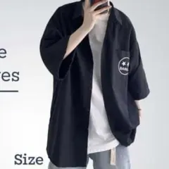 ★五分袖 レギュラーカラー シャツ ワンポイント 半袖 黒 Mサイズ メンズ