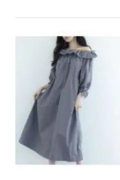 SAISON DE PAPILLON フリル襟ワンピース M ブルーグレー