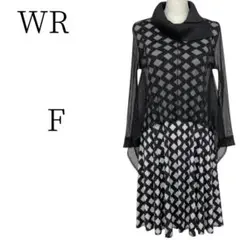 ★美品 WR ダブルアール 黒 白 柄物 ひざ丈 カットソーワンピース F