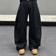 ワイドパンツ バギーデニム 黒 ダボ系 ブラックデニム ユニセックス 体型カバー
