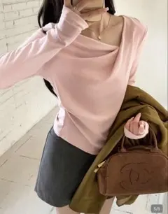 Shein 長袖Tシャツ アシンメトリーツイストプリーツデザイン ピンク