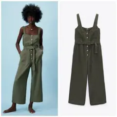 ZARA　テクチャー ロングジャンプスーツ　Sサイズ　カーキ