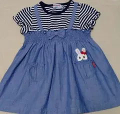 ミキハウスうさこ刺繍付きストライプワンピース80センチ